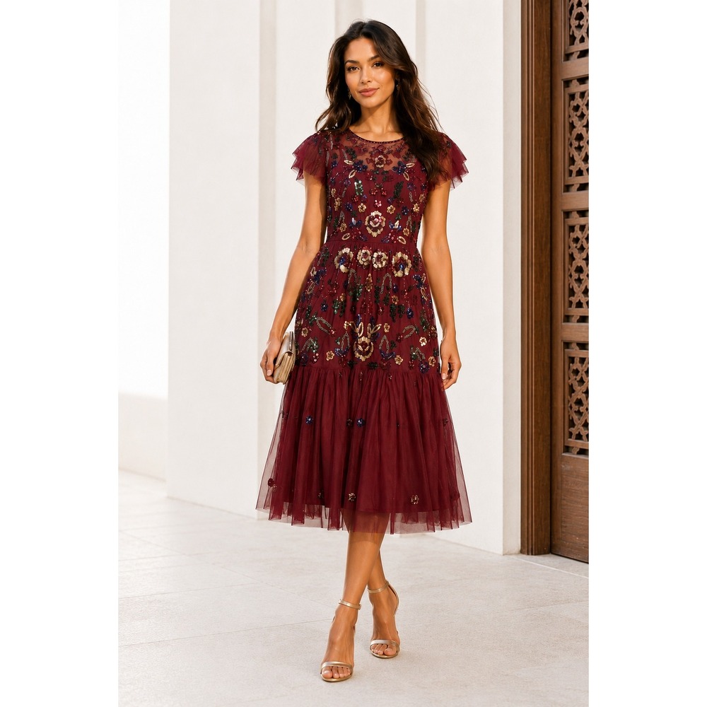 Gianni‎ Bini Wendy Fairycore Sequin Midi Dress Women Size 2 Beaded Burgundy Mesh
